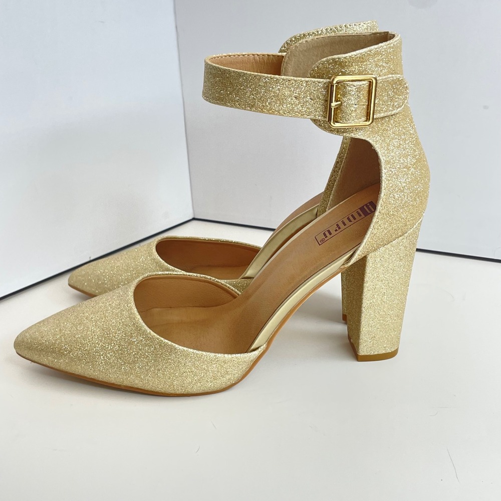 IDIFU Womens Gold Glitter Pointed Toe Ankle Strap Block Heel Pumps Shoes Size 10 - Picture 5 of 7